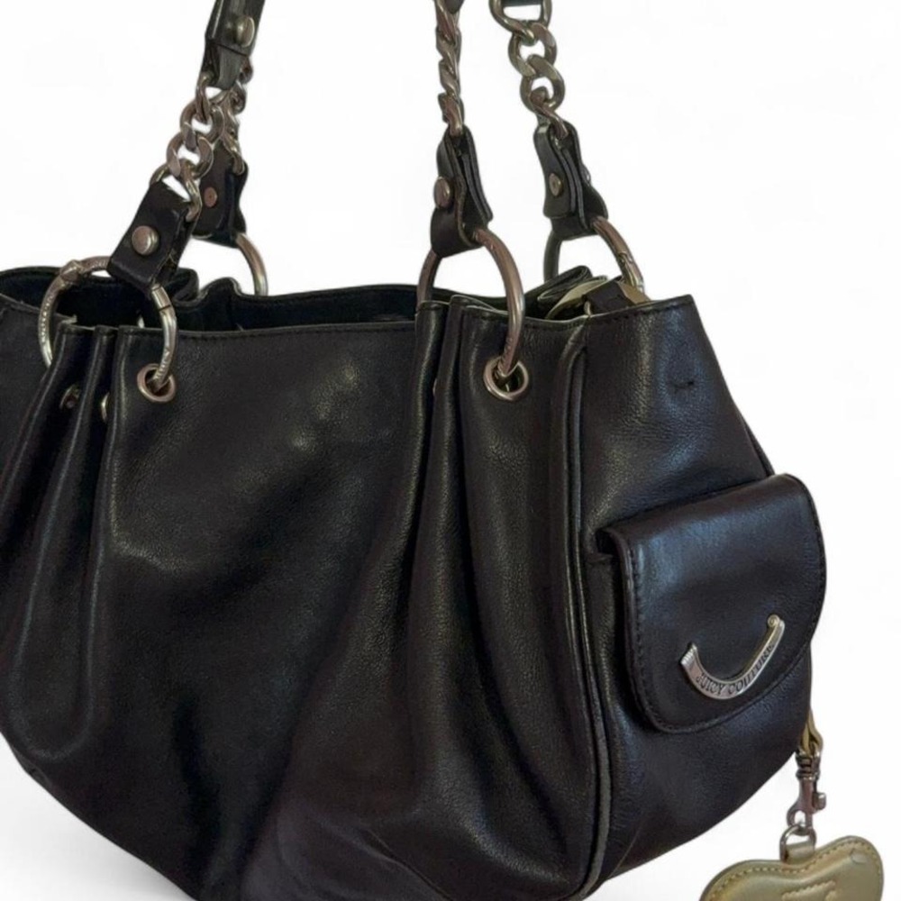 Y2K Vintage Black‎ Juicy Couture leather handbag with heart mirror charm